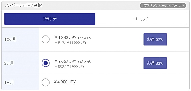 最初に、「メンバーシップの選択」のステップで、「ゴールド会員」と「プラチナ会員」と、どちらに申し込むか、またその期間はどうするか、を決めます。